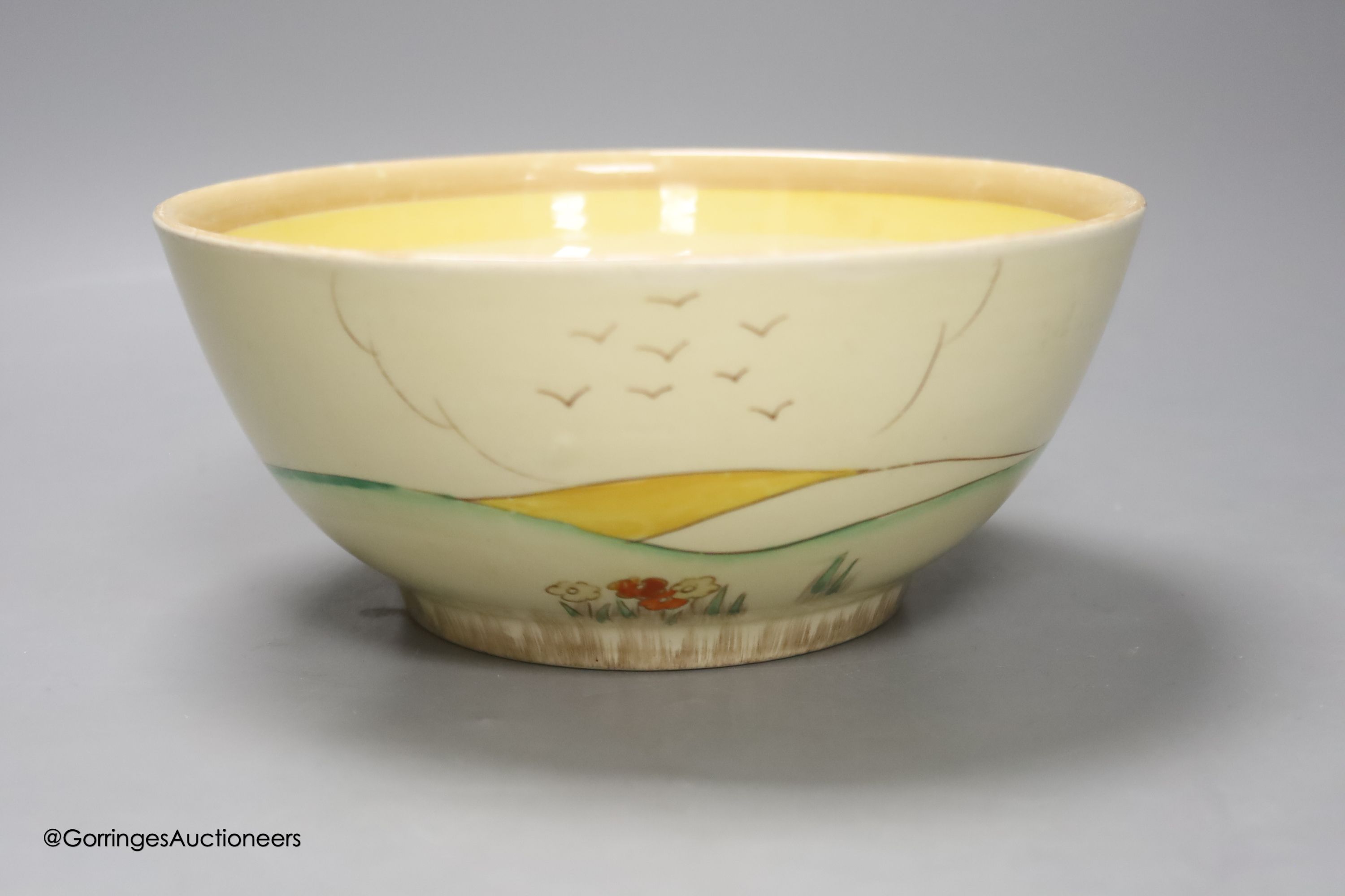 A Clarice Cliff landscape bowl, height 8cm diameter 18cm